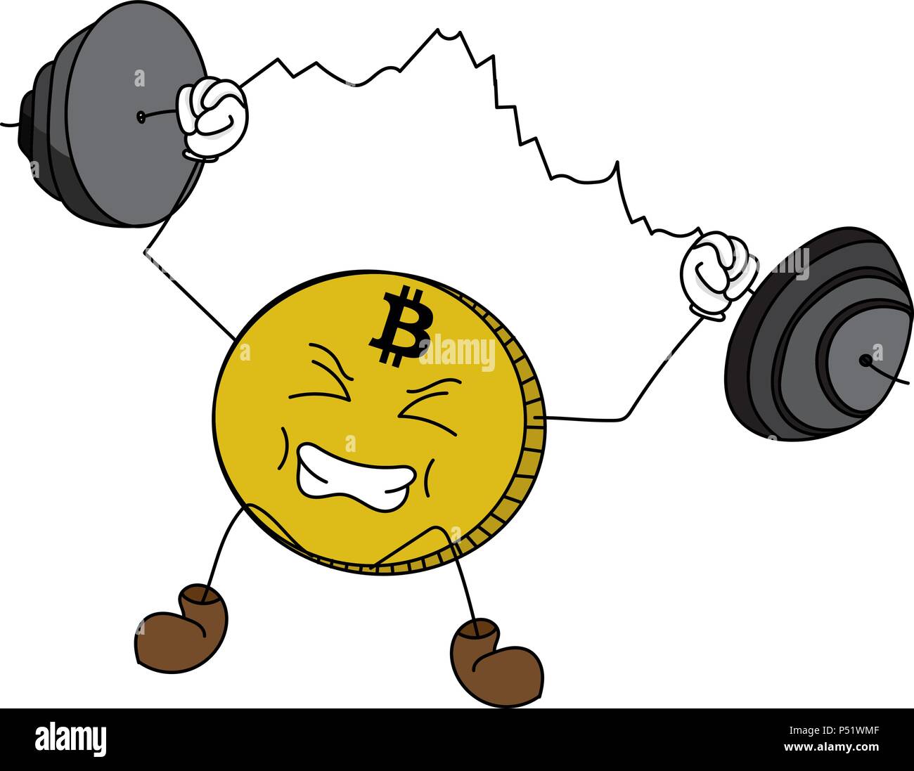 Bitcoin Cartoon avec le visage, les mains et les jambes de levage de poids un graphique Illustration de Vecteur