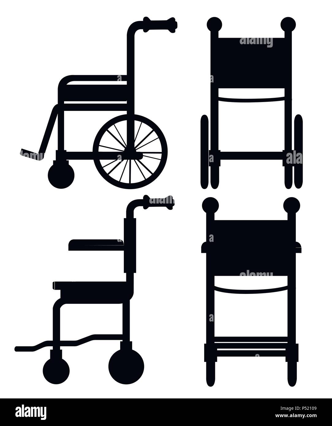Silhouette noire. Fauteuil roulant de l'hôpital. Fauteuil roulant noir. La vue frontale et latérale. Télévision style design. Isolé sur fond blanc. Illustration de Vecteur