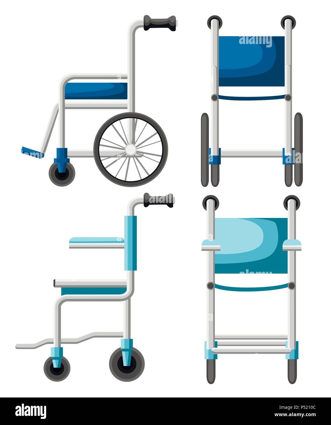 Fauteuil roulant de l'hôpital. Bleu turquoise et de fauteuil roulant. La vue frontale et latérale. Télévision style design. Isolé sur fond blanc. Illustration de Vecteur