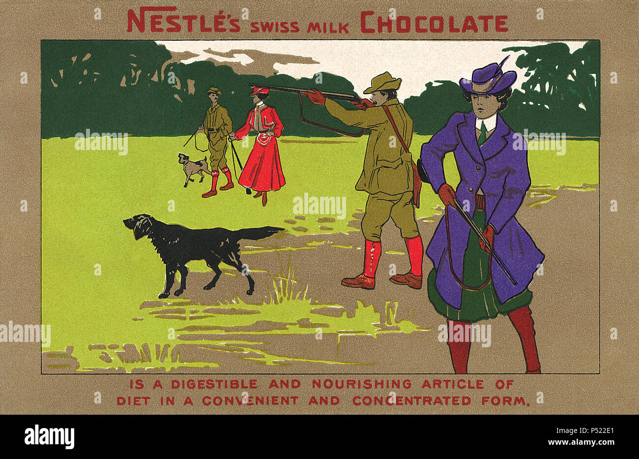 Carte postale publicitaire pour le chocolat au lait suisse Nestlé. Banque D'Images