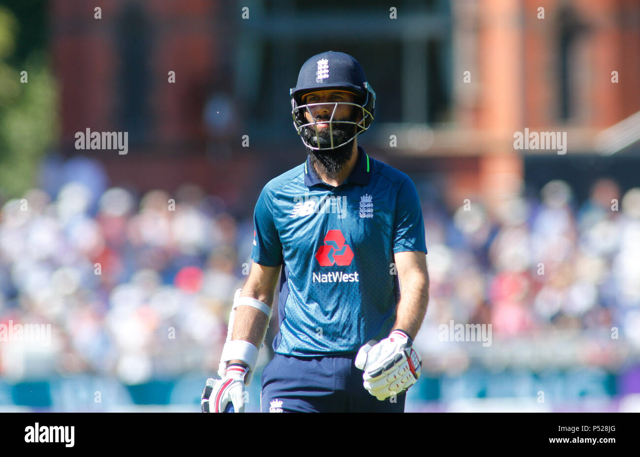 Manchester, UK. 24 juin 2018. 5ème série d'ODI Royal London Angleterre v Australie ; Moeen Ali de l'Angleterre a l'air abattu qu'il quitte le terrain à la suite de son licenciement par l'Australie. Credit : Nouvelles Images /Alamy Live News Crédit : Nouvelles Images /Alamy Live News Banque D'Images