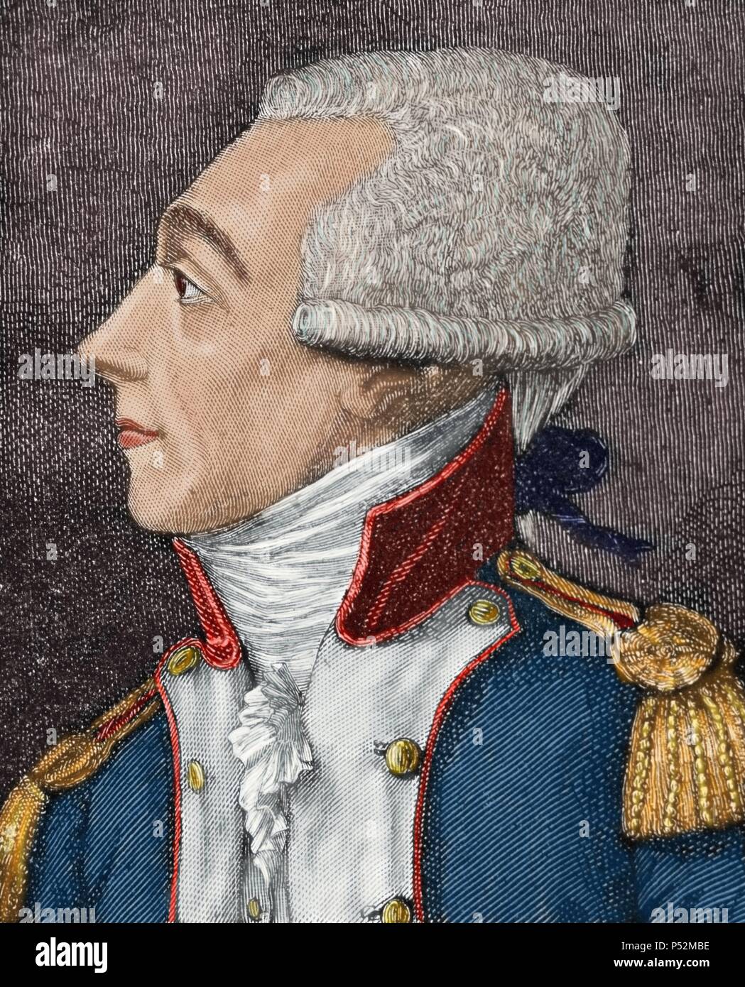 Marie-Joseph Paul Yves Roch Gilbert du Motier, Marquis de La Fayette (1757-1834), connu simplement comme Lafayette. Aristocrate français et officier militaire. Lafayette est un général de la guerre d'Indépendance américaine et un chef de la Garde nationale pendant la Révolution française. Gravure en couleur. 19e siècle. Banque D'Images