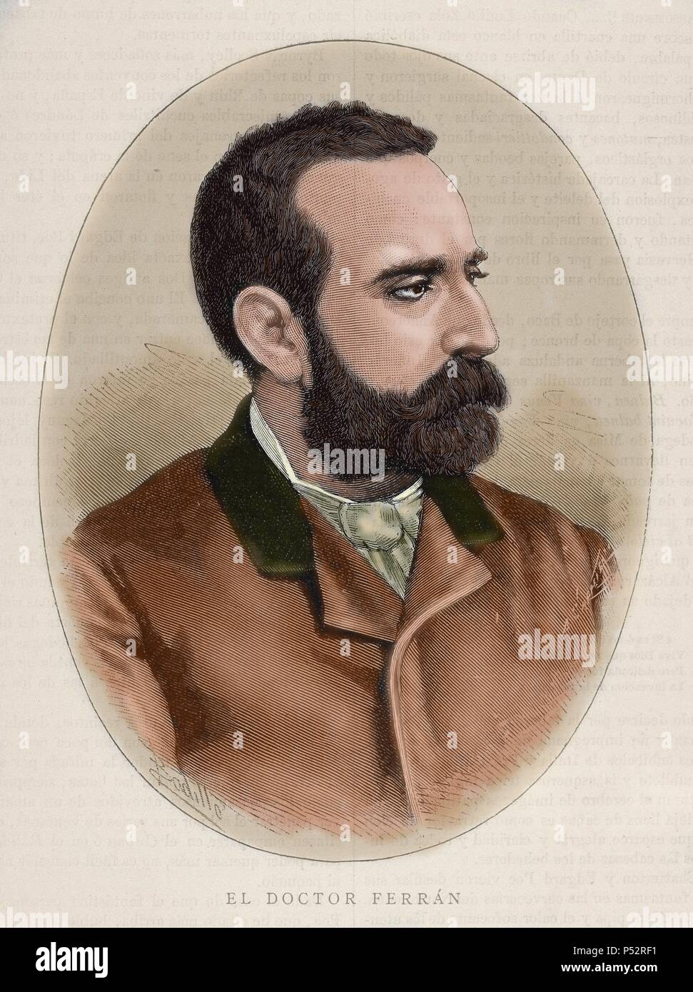 FERRAN, Jaime (1852-1929). L'Espagnol bactériologiste. Gravure en couleur. Par Carretero. Banque D'Images