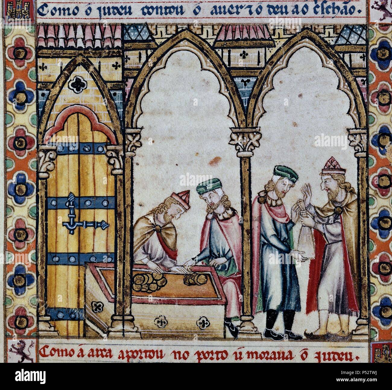 CANTIGA DE SANTA MARIA - Nº25 - F38V - ENTRE PRESTAMO Y JUDIO CRISTIANO - 2ª FILA 1ª VIÑETA - MINIATURE SIGLO XIII - Cj 4793. Auteur : Alfonso X le Sage de Castille (1221-1284). Emplacement : MONASTERIO-BIBLIOTECA-COLECCION, San Lorenzo del Escorial, Madrid, Espagne. Banque D'Images