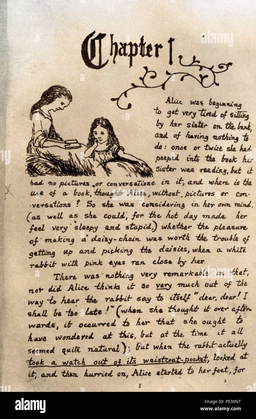 Chapitre d'ouverture de 'Alice au pays des merveilles Carroll's écriture personnelle. Banque D'Images