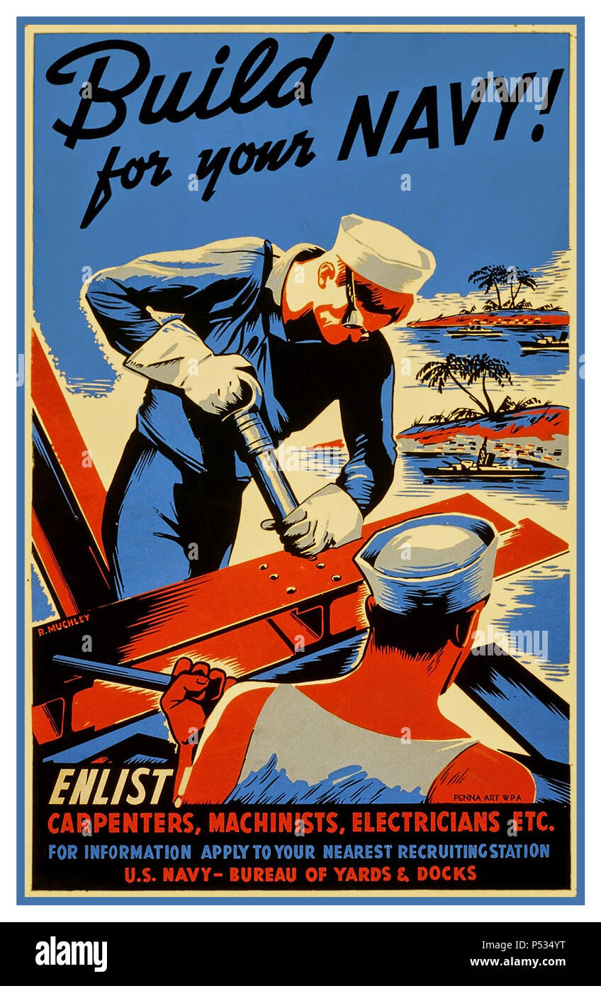 WW2 1940 affiche de propagande américaine d'encourager les travailleurs qualifiés à se joindre à la "eabees' dans le cadre de l'effort de guerre : 'Build pour votre marine ! S'enrôler ! Les menuisiers, électriciens, machinistes, etc. ' World War 2 Propagande de recrutement de la Marine US Bureau of yards et stations d'accueil Banque D'Images