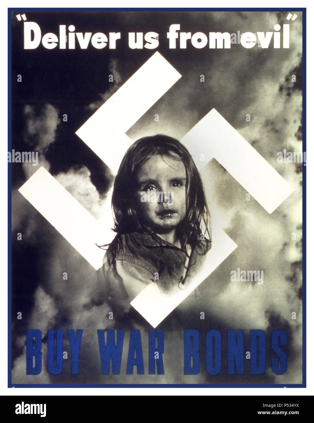 Affiche vintage de propagande WW2 “délivre-nous du mal. Acheter des obligations de guerre ». Jeune fille avec swastika et flammes derrière. Affiche de la seconde Guerre mondiale œuvres d'art et photographie 1942 Banque D'Images