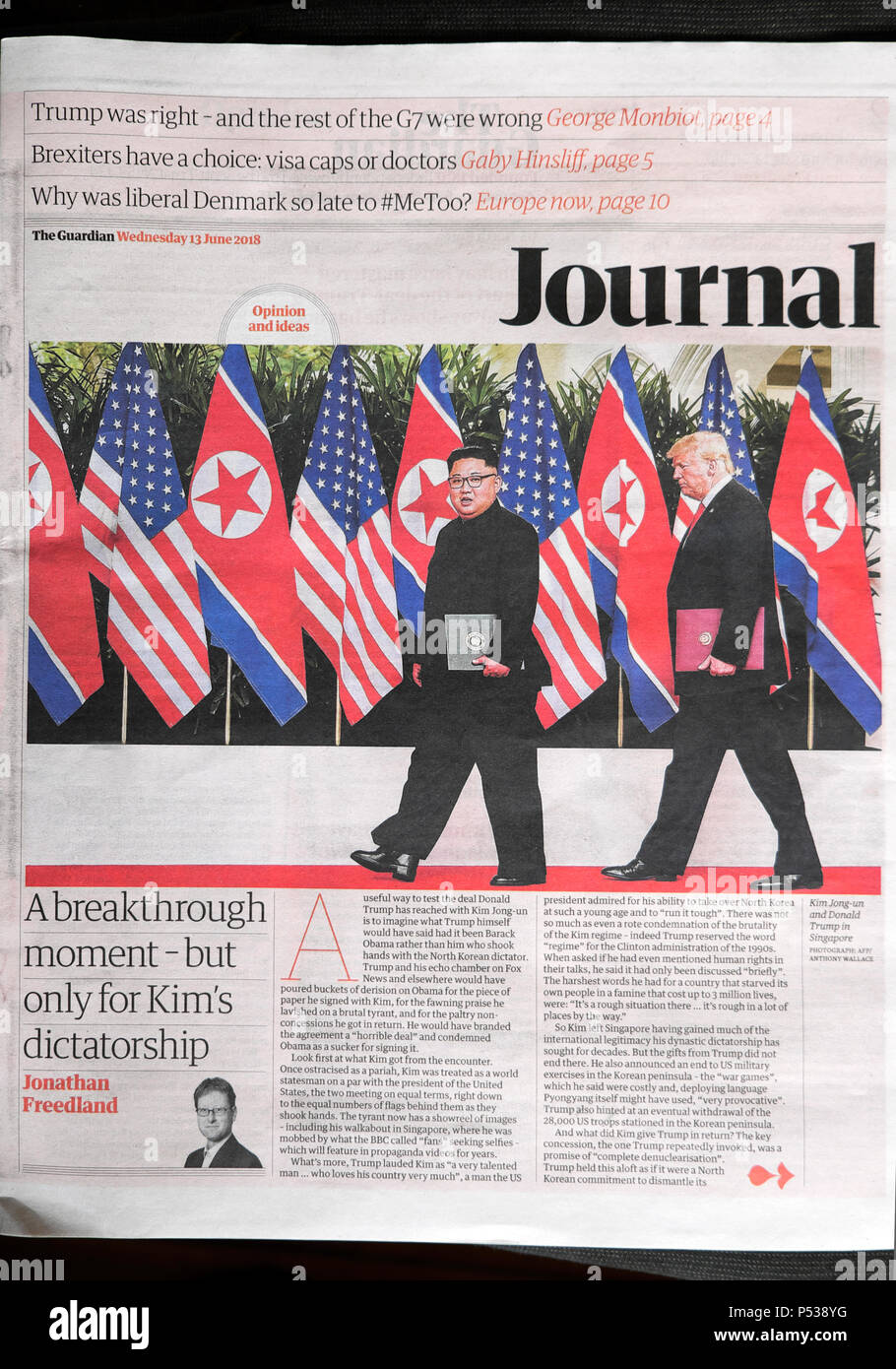 Réunion Kim Jong-Un Donald Trump à Singapour, le journal Guardian newspaper front page 13 Juin 2018 Banque D'Images