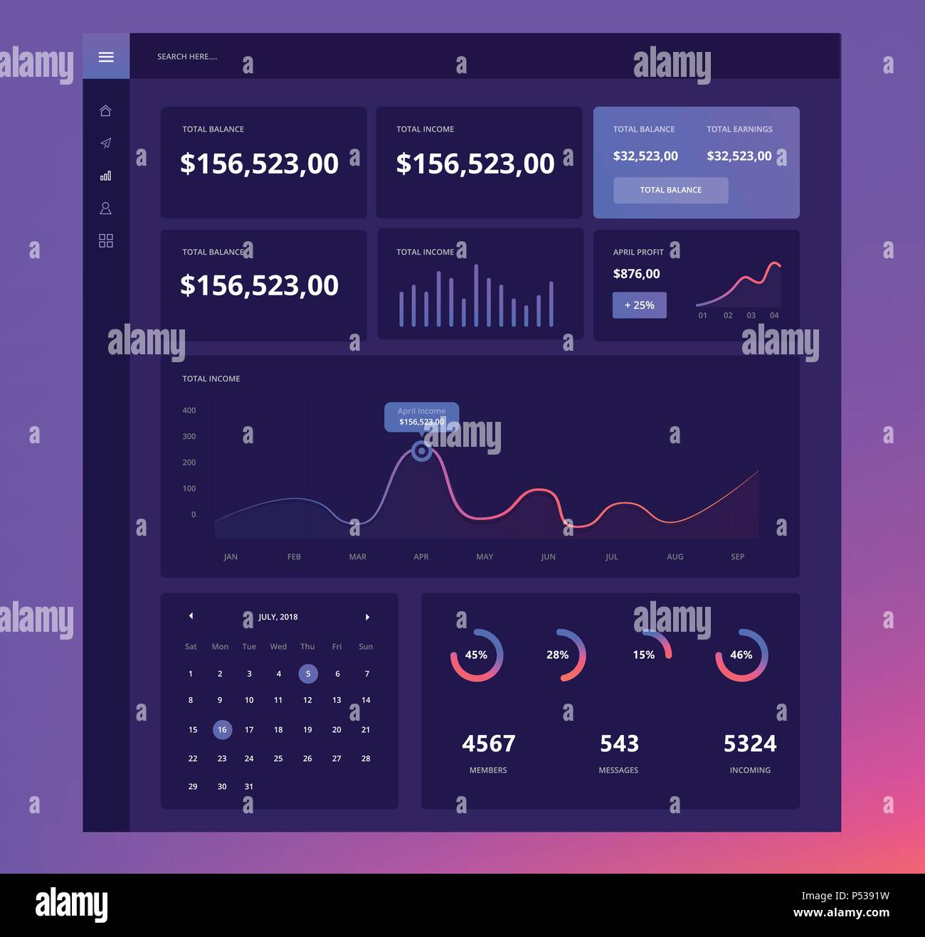 Modèle de tableau de bord infographique design plat avec des graphiques et des diagrammes circulaires. Les éléments graphiques de l'information à l'ASSURANCE-CHÔMAGE UX design. Des éléments Web dans un style moderne. Illustration de Vecteur