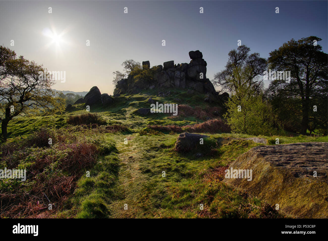 L'enjambée Robinhood au lever du soleil, Woolsthorpe Moor Banque D'Images