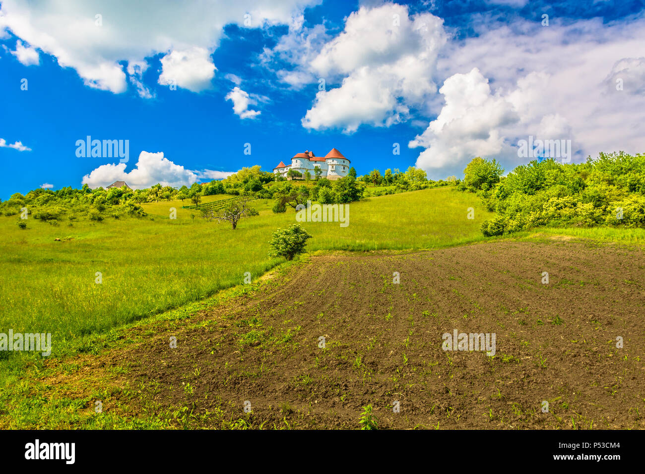 Vue panoramique au pittoresque château dans la région de Zagorje, Veliki Tabor monument. Banque D'Images