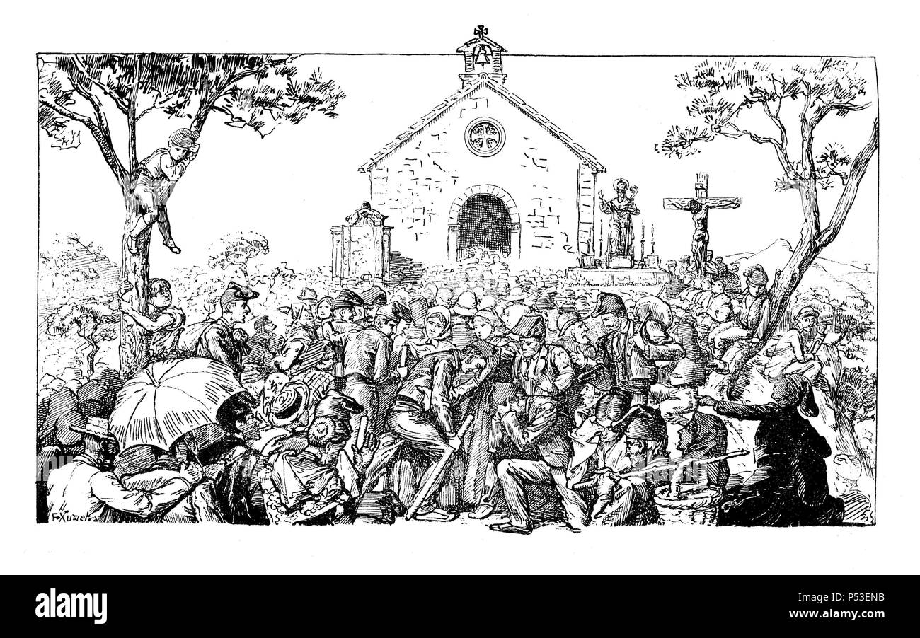 Un pèlerinage de la Ermita de Sant Miquel del Fai. Dibujo de F. Xumetra. La gravure de 1905. Banque D'Images