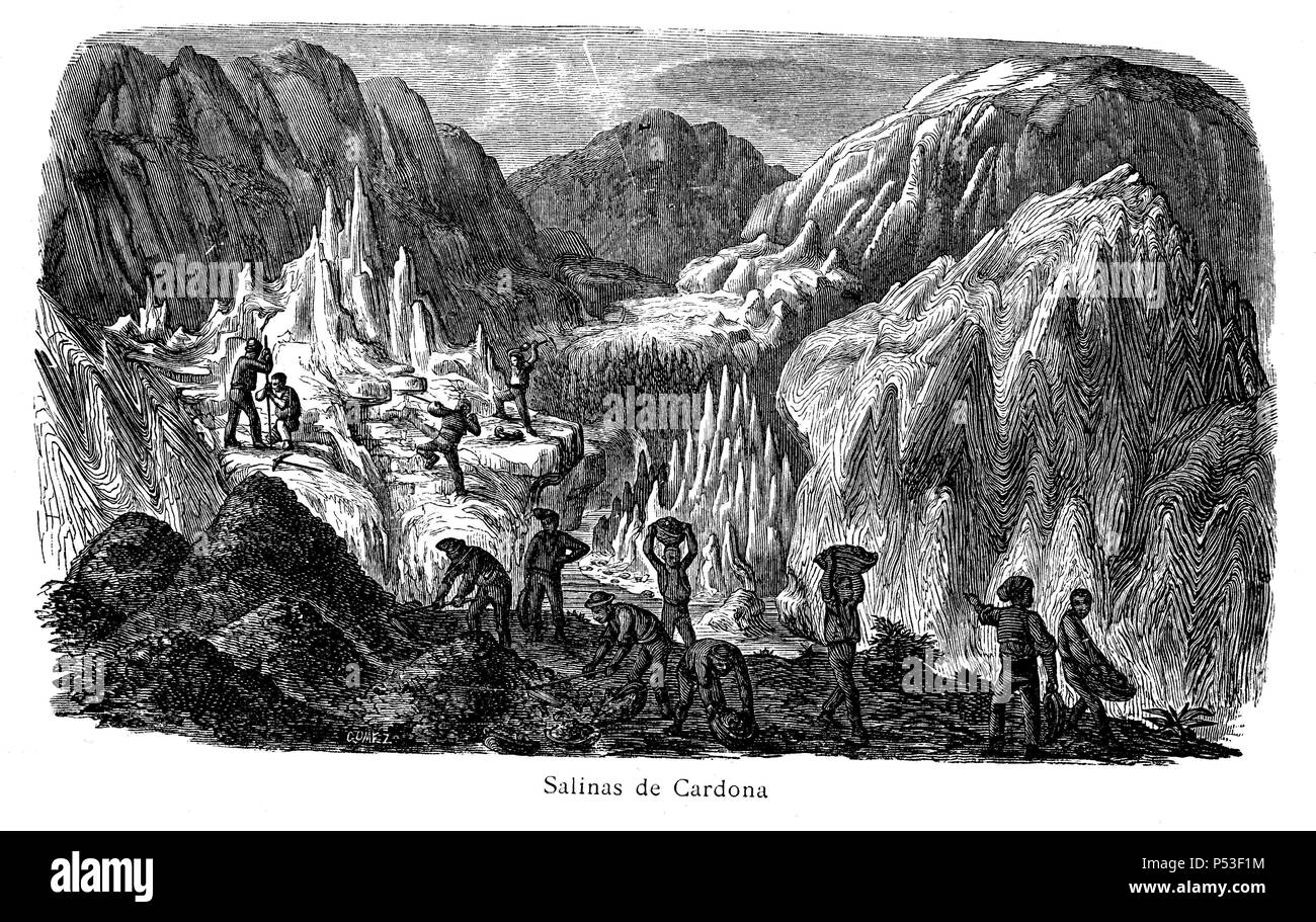 Salinas de Cardona. Explotación de las Salinas. La gravure de 1905. Banque D'Images