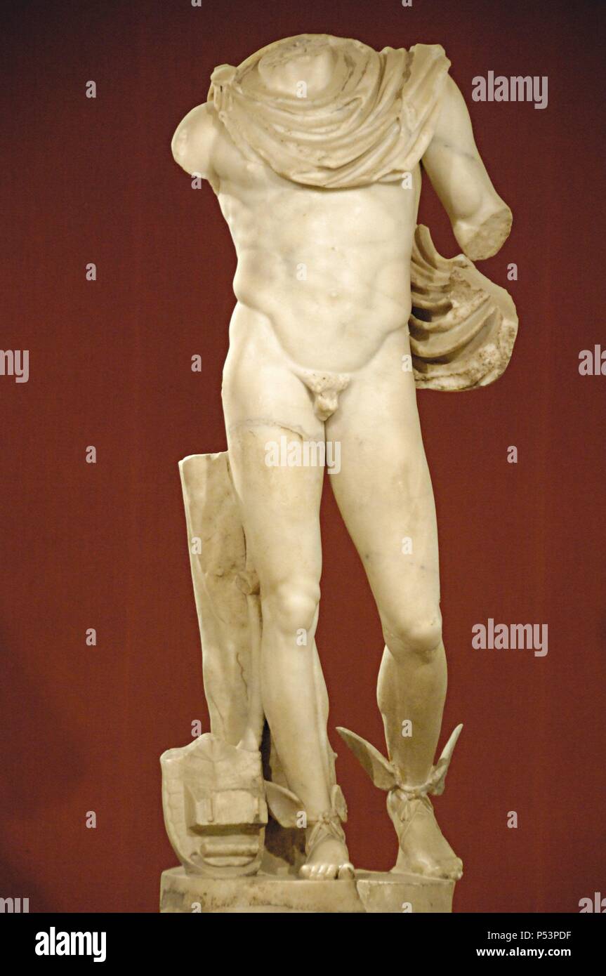 L'Art roman en Espagne. Le mercure. Statue. 2e siècle A.C. Sculpté en marbre de Paros. Il s'agit d'Italica. Musée archéologique de Séville. L'Andalousie. L'Espagne. Banque D'Images