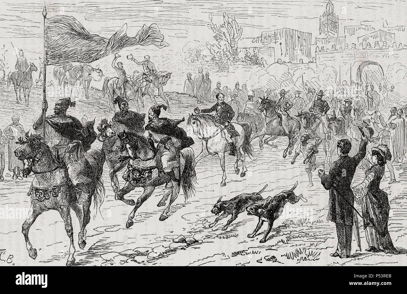 Histoire du Maroc. Départ de la caravane à Fès. Gravure par Barberis dans Le Monde illustré, 1885. Banque D'Images