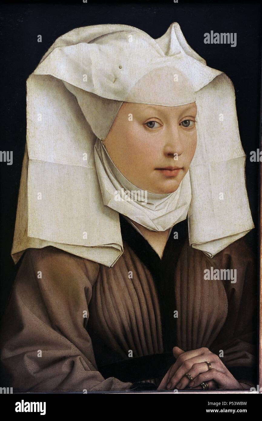 L'art gothique en Flandre. Rogier van der Weyden ou Roger de La Pasture (1399 ou 1400-1464). Début du peintre flamand. Portrait d'une jeune femme (dame portant une coiffe ou Gaze), ch. 1435-1440. Huile sur bois. Staatlichen Museum, Berlin. L'Allemagne. Banque D'Images