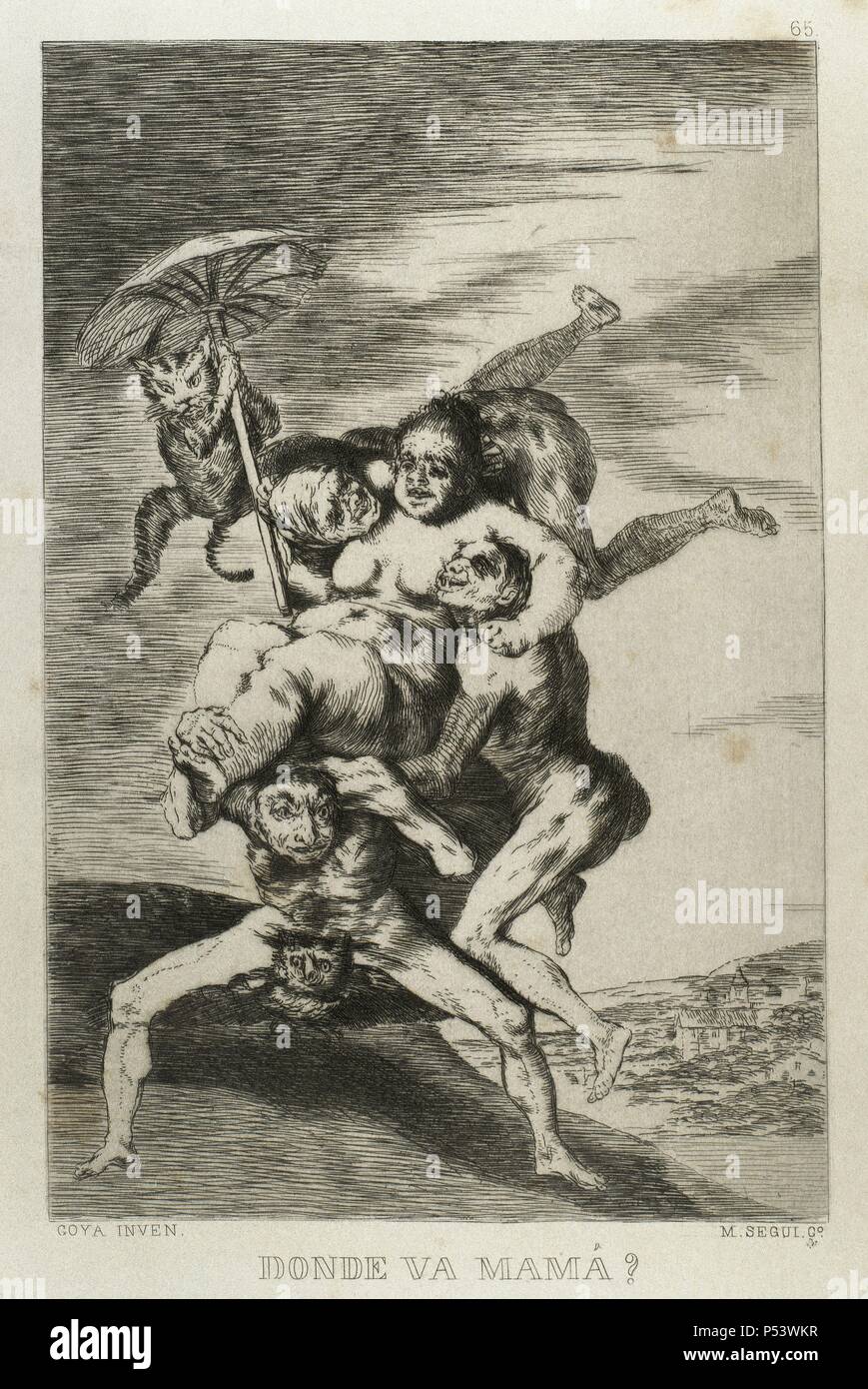 Francisco de Goya (1746-1828). Peintre et graveur espagnol. Los Caprichos. ÀDonde va maman ? (Où vas-tu maman ?). Numéro 65. L'aquatinte. 1799. La reproduction par M. Segui i Riera. Banque D'Images
