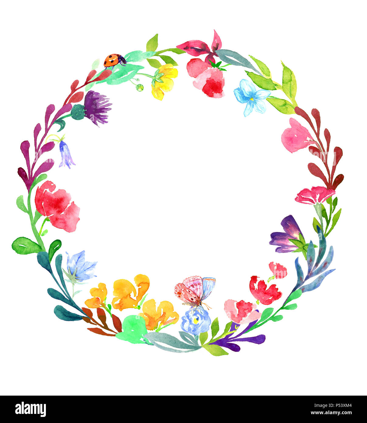 Cadre Cercle Aquarelle Avec Fleurs Printanières Et Papillon Volant