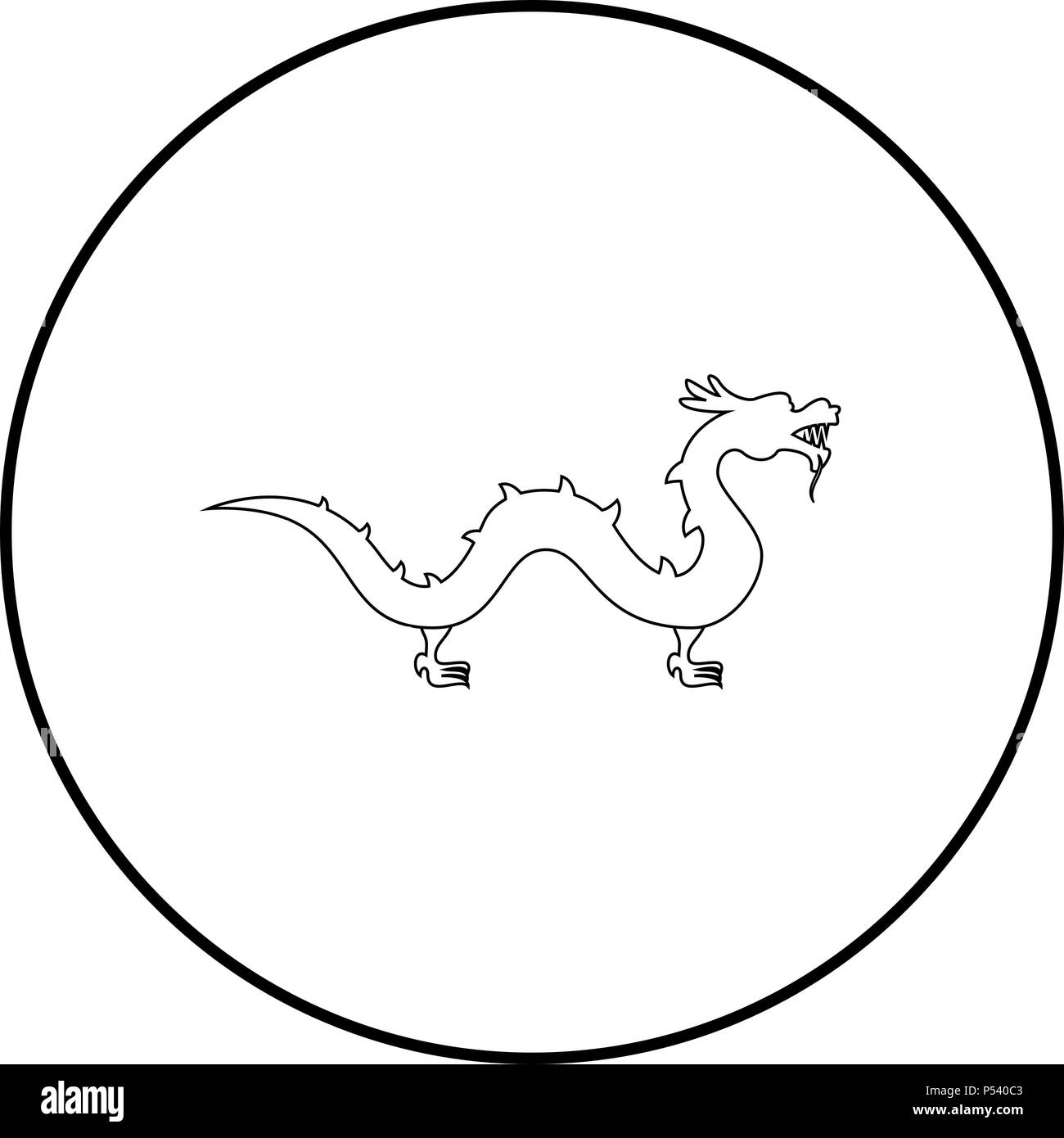 Dragon chinois en couleur noir icône Contour rond cercle Illustration de Vecteur