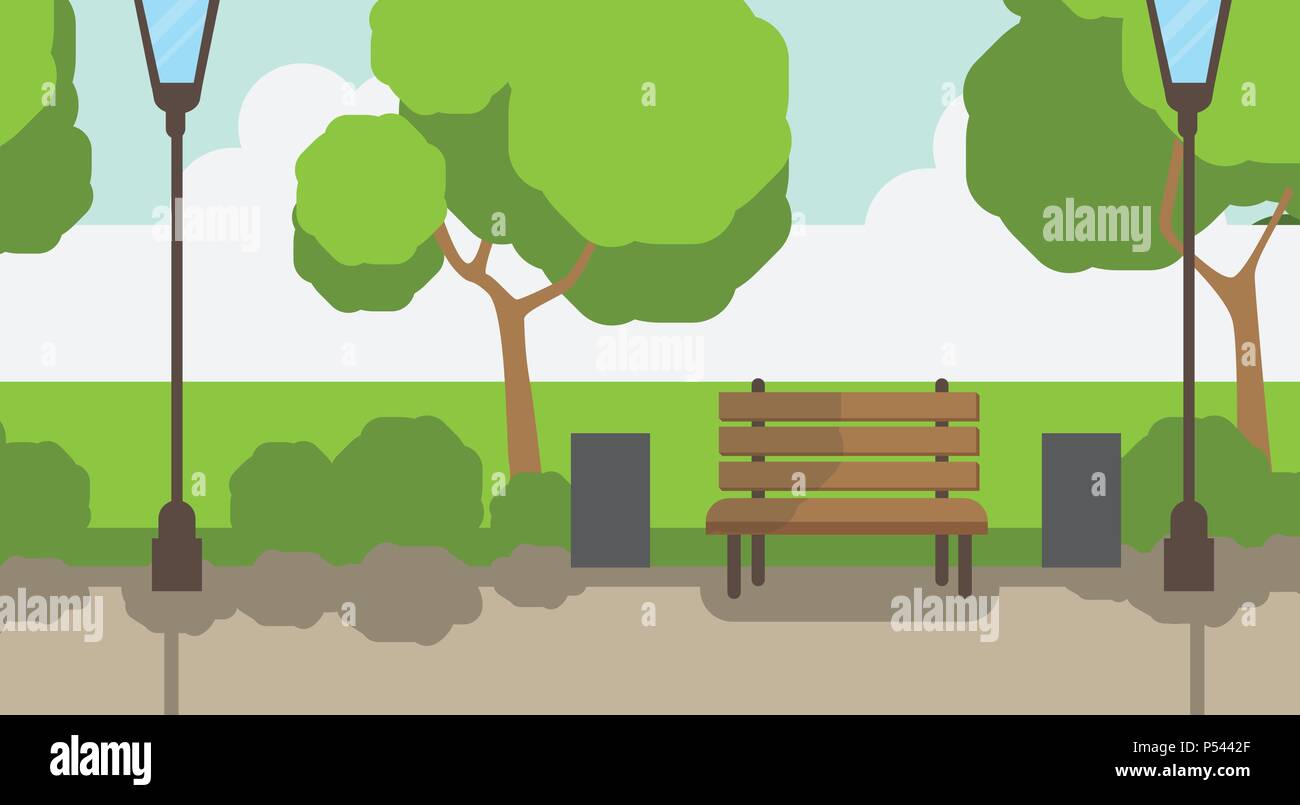 City park banc en bois lampe rue pelouse verte arbres fond modèle de télévision Illustration de Vecteur