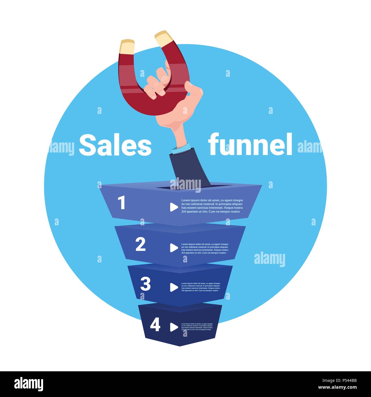 Aimant la main tirant entonnoir de vente. achat concept schéma sur fond bleu modèle plat Illustration de Vecteur