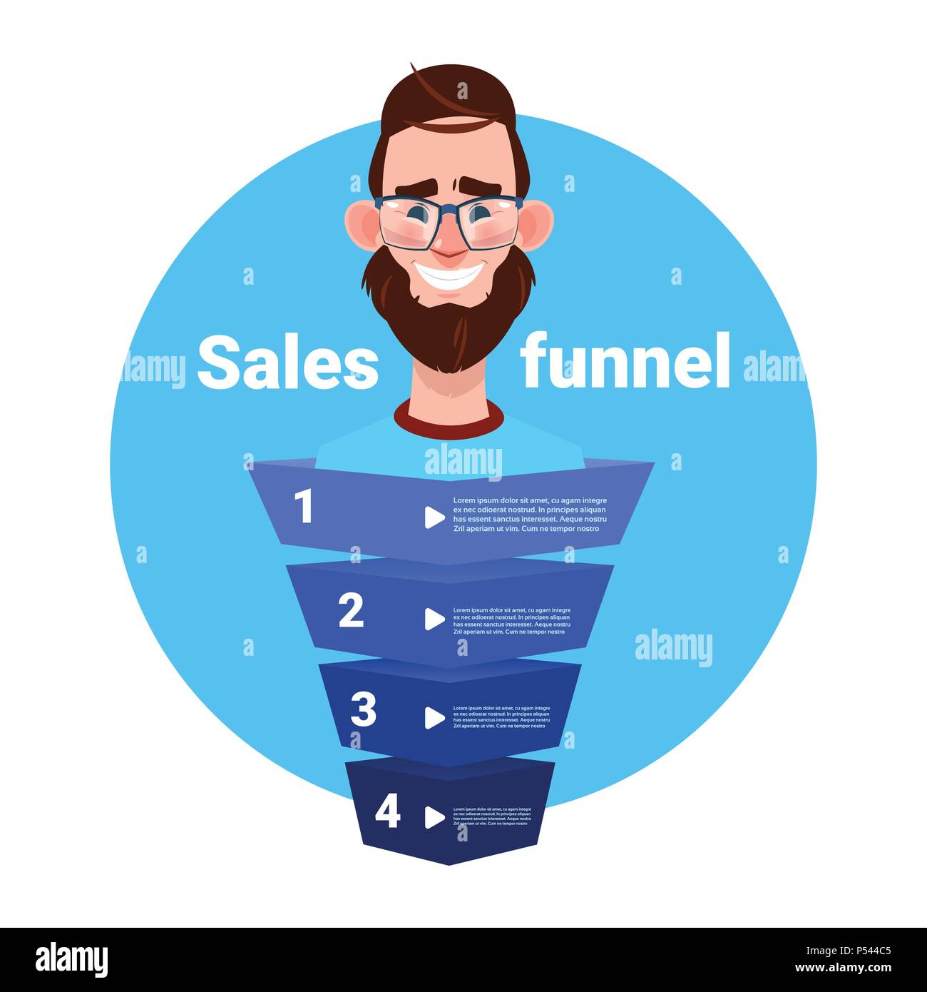 Barbe homme portrait manager sales funnel avec étapes étapes infographique d'affaires. acheter concept schéma sur fond blanc copie espace design plat Illustration de Vecteur