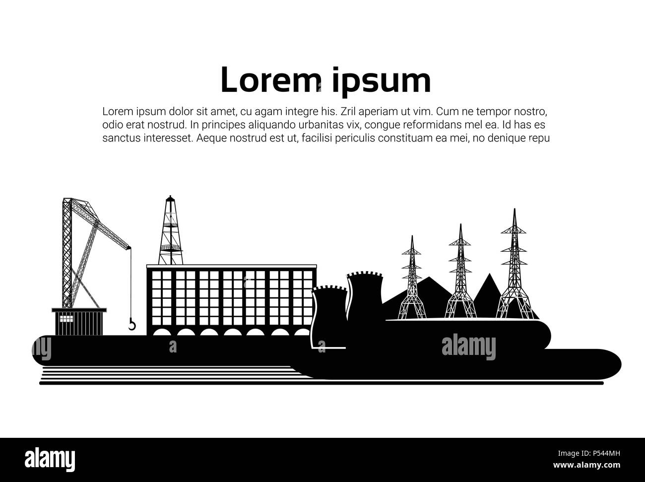 Bâtiment de l'usine Usine de la pollution de la nature des déchets du tuyau. silhouette d'une plate-forme de forage sur fond blanc. bannière. télévision copy space Illustration de Vecteur