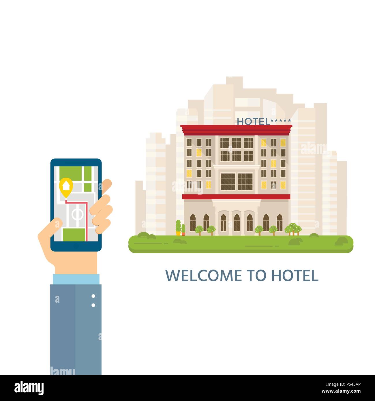 Main tenant téléphone pour réservation hôtel dans la ville, télévision vector construction motel, ville paysage urbain Vue de face. Voyages et tourisme concept. Illustration de Vecteur