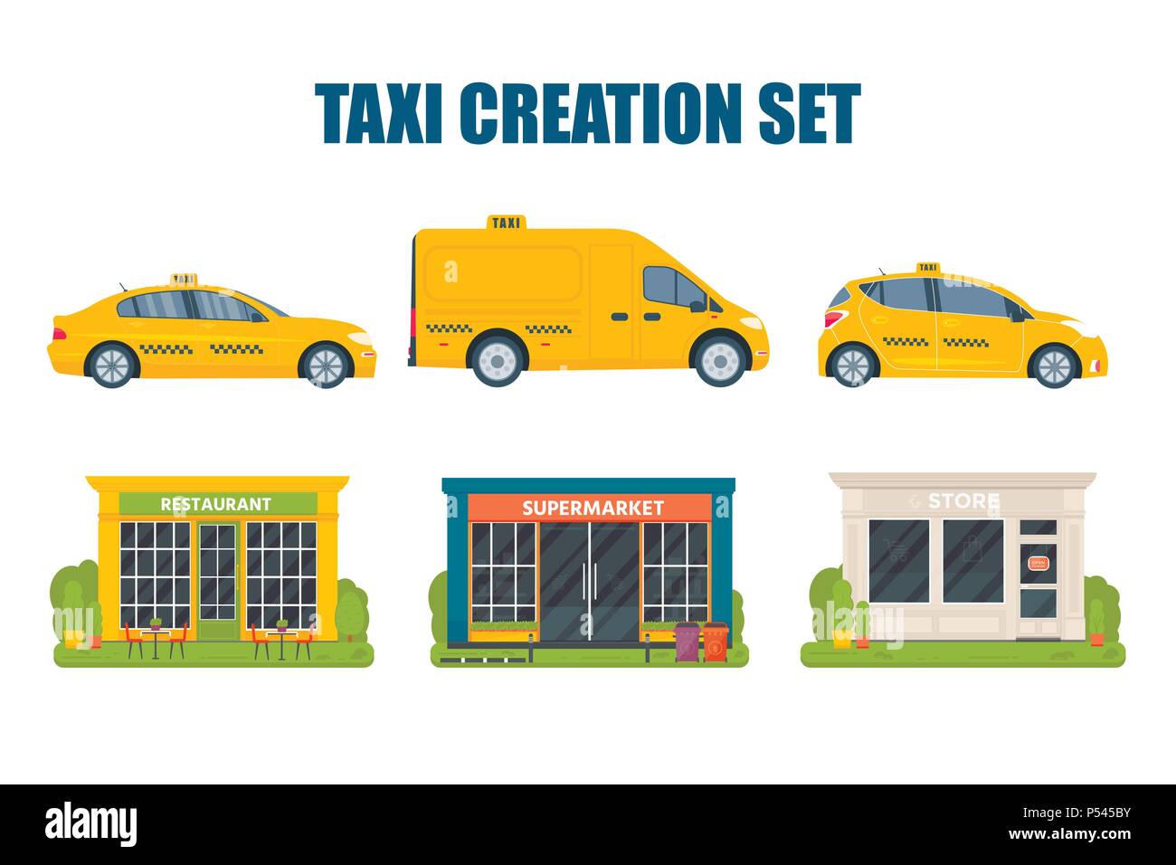 Création de taxi ensemble avec différents type de machine taxi jaune, construction de restaurant, supermarché, magasin, boutique. Télévision vector illustration isolé sur w Illustration de Vecteur