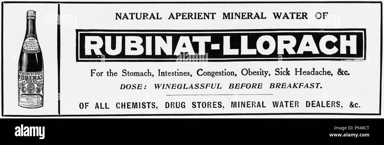 Au début du xxe siècle old vintage publicité annonce Rubinal-Llorach anciens d'origine de l'eau minérale dans la revue anglaise vers 1910 Banque D'Images