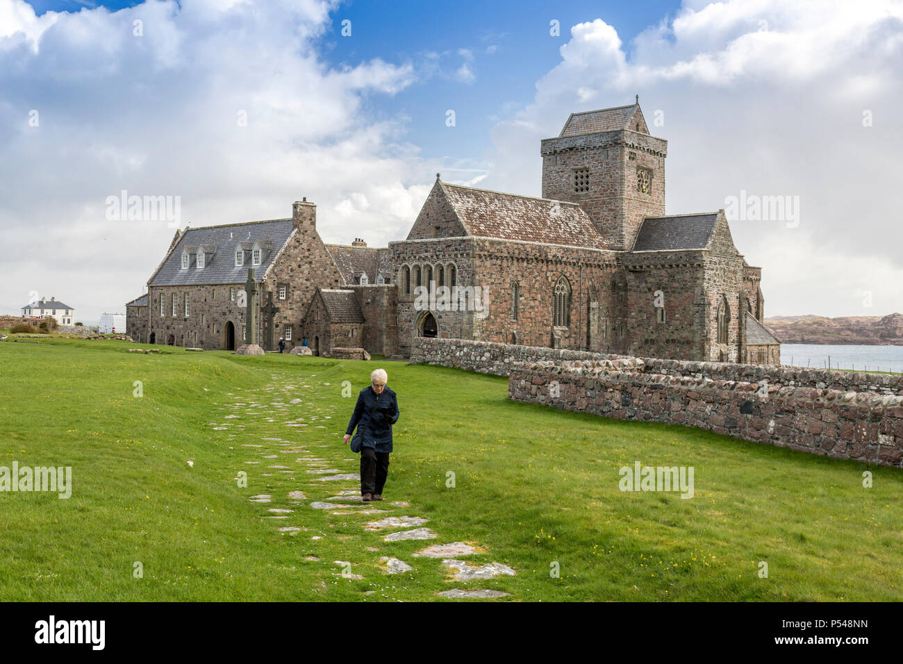 L'église de l'abbaye médiévale historique sur l'Hebridean island d'Iona, Argyll and Bute, Ecosse, Royaume-Uni Banque D'Images