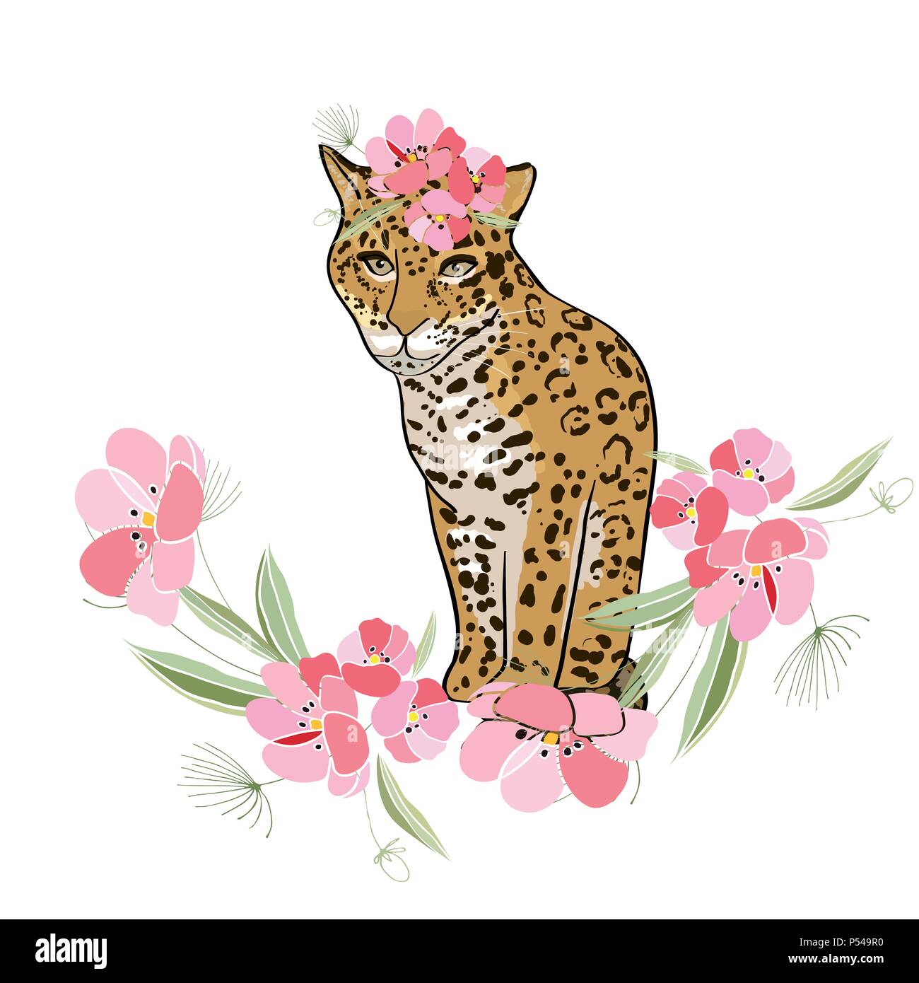 Illustration de style rétro avec des fleurs et des animaux Illustration de Vecteur