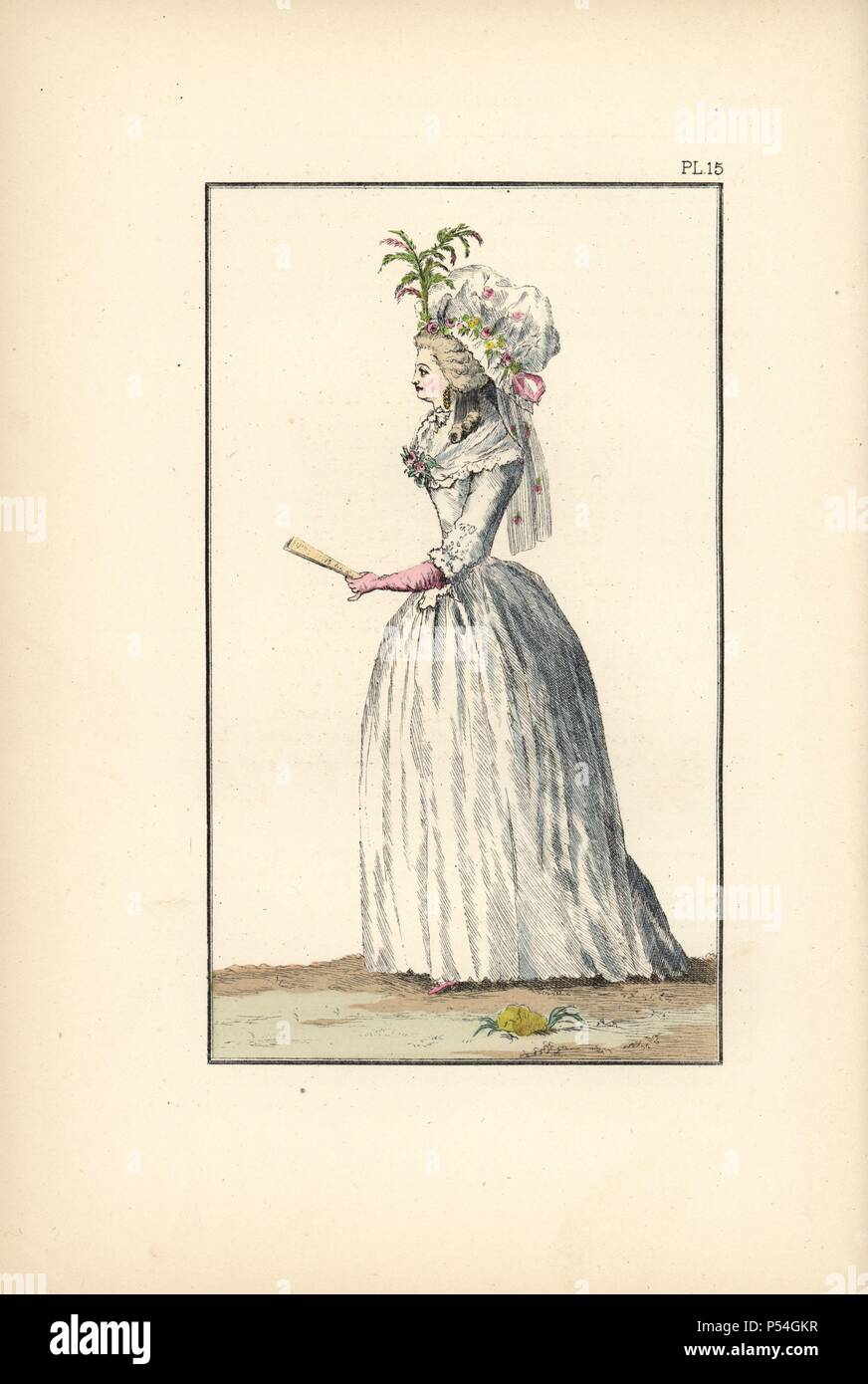 Hat béarnaise, en l'honneur d'Henri IV. Lithographie en couleur à la main à partir de 'modes et coutumes de Marie Antoinette et son temps", par le Comte de Reiset, Paris, 1885. Le journal de Madame Eloffe, couturière et de lin-marchand à la Reine et des dames de la cour. Banque D'Images