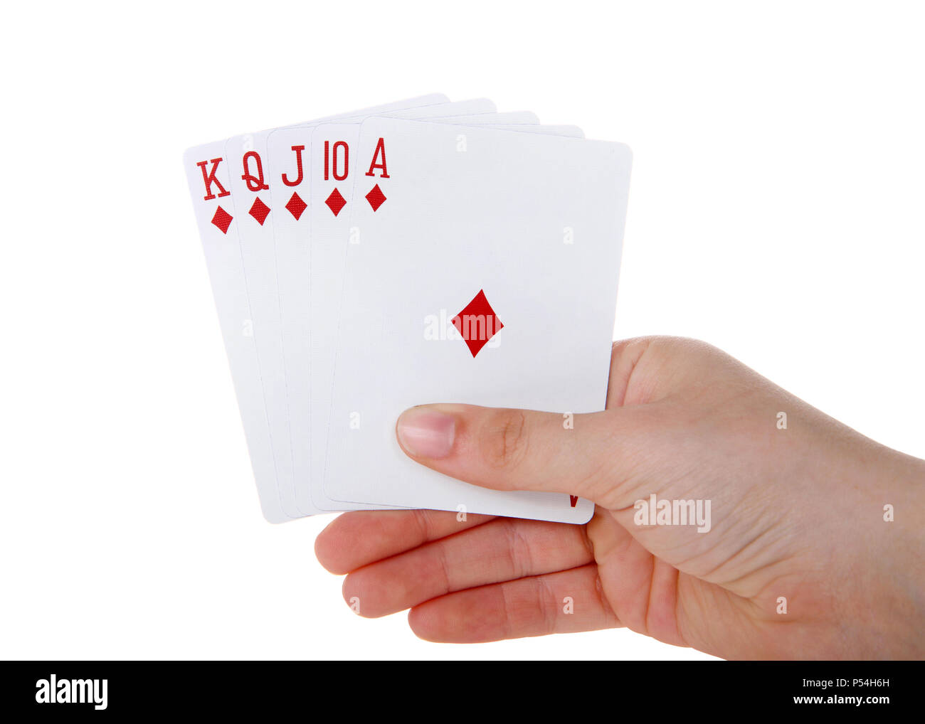 Jeune femme tenant à la main des cartes à jouer, la quinte flush royale. C'est une quinte flush qui a une haute valeur de carte d'Ace. C'est la plus haute main dans le jeu o Banque D'Images