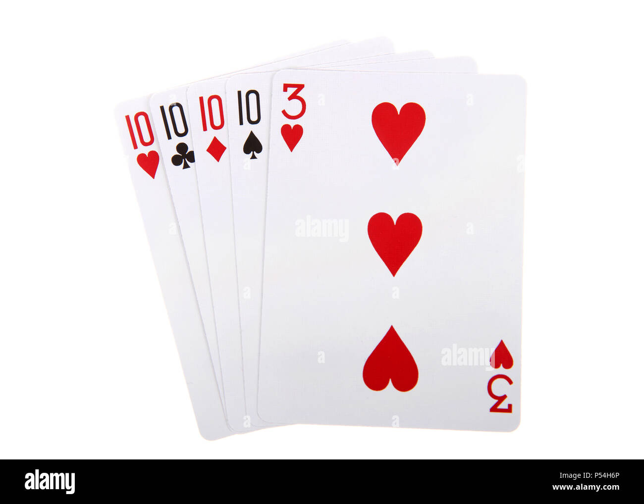 Des cartes à jouer, quatre d'une sorte. Les quatre cartes de même valeur ou de valeur. Isolé sur fond blanc. Banque D'Images