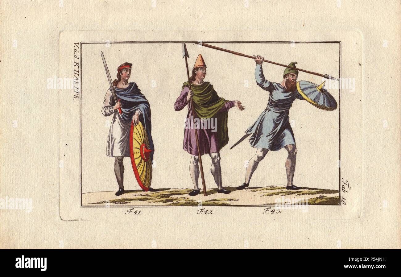 Agent anglo-saxon, cavalier et fantassin.. . Strutt pensé que l'homme à l'épée posée sur son épaule et le bouclier sur le terrain était "premier officier dans la garde royale' (41). Un cavalier ou un soldat monté avec lance (42) et un homme d'infanterie ou fantassin avec lance et bouclier soulevée agressive (43). . . Coloriée à la gravure sur cuivre de Robert von Spalart's 'tableau Historique des costumes des principaux peuples de l'Antiquité et du Moyen Age" (1796). Banque D'Images