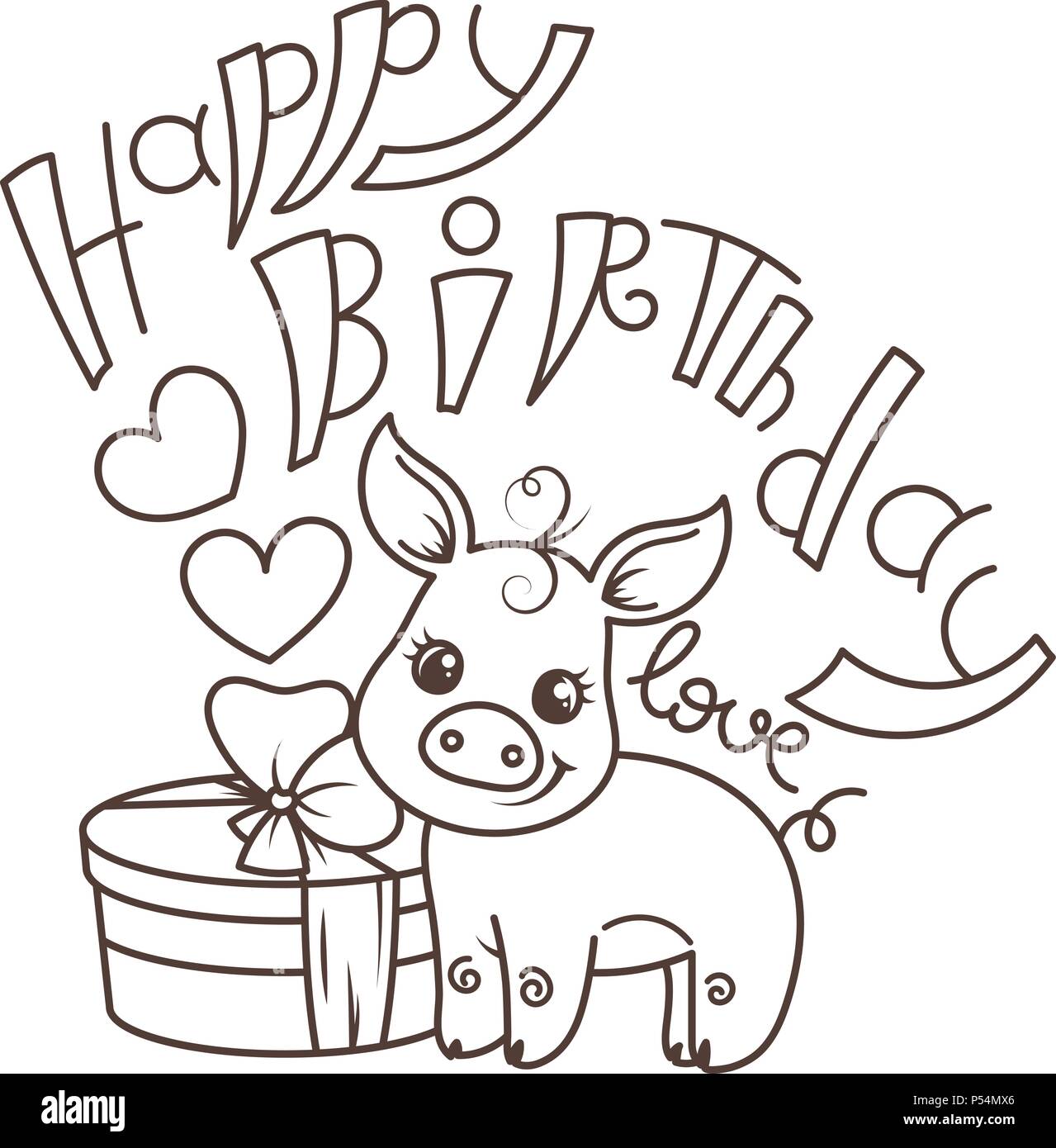 Joyeux Anniversaire Cute Cartoon Bebe Cochon Avec Maison De Vacances Fort Illustration Vectorielle Coloriage Image Vectorielle Stock Alamy