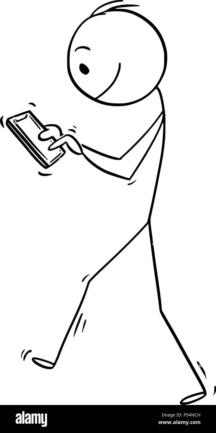 Caricature de l'homme ou Businessman Walking With Mobile Phone Illustration de Vecteur