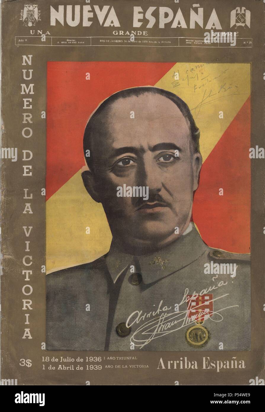 Portada de la revista Nueva España, número de la Victoria Abril, 1939. Fotografía de Francisco Franco Bahamonde (El Ferrol, 1892-Madrid, 1975). Banque D'Images