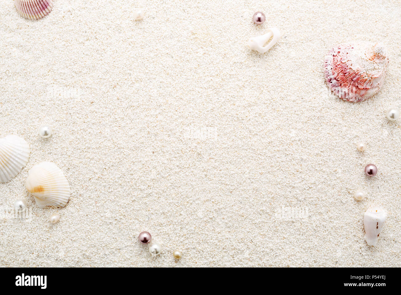 Châssis d'été de coquillages et perles sur la plage blanche de sable. Arrière-plan de couleur pastel, copiez l'espace, vue d'en haut. Détente Spa concept. Banque D'Images