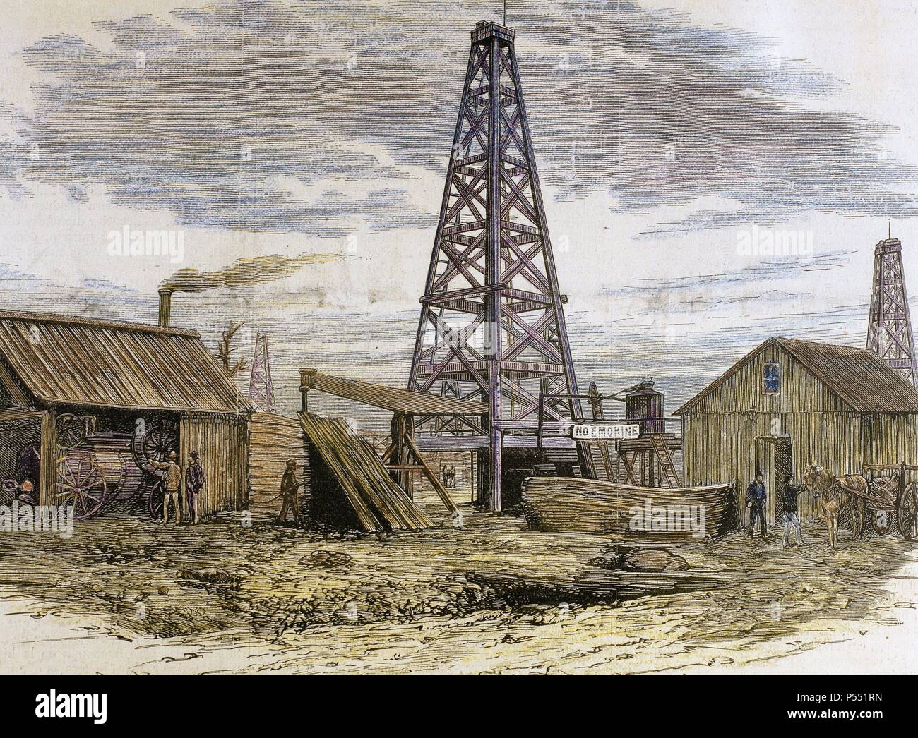 USA. 19e siècle. Puits de pétrole dans la vallée de Oil-Creek. Gravure en couleur. "L'Espagnol et l'American Illustration,' 1872. Banque D'Images