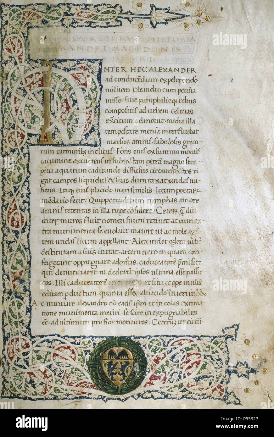 RUFO, Cluvio (Cluvius rufus) (S. I). Historiador romano. 'Alejandro Magno'. Códice escrito en Caroline, con una letra letra miniada capitulaires. Mide 28,5 cm x 29 XM. Realizado en el año 1466. Banque D'Images