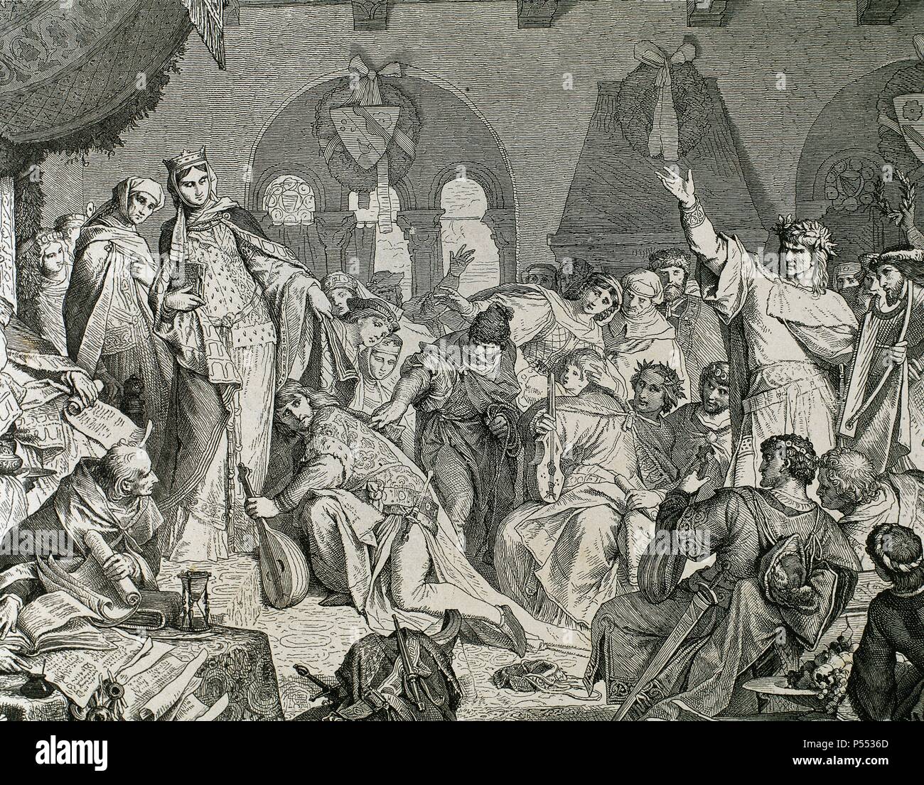 HISTORIA DE LOS TROUBADOURS EN ALLEMAGNE. Heinrich von OFTERDINGEN, (s. XII). Uno de los "innesinger rivalizó' alemanes, con Walter von der Woggelweide y de Wolfram Eschenbach. Le atribuído se ha sin fundamento una versión de los Nibelungos ''. Novalis lo hizo protagonista de una novela un la que dio su nombre y ha quedado incompleta. La gravure. Banque D'Images