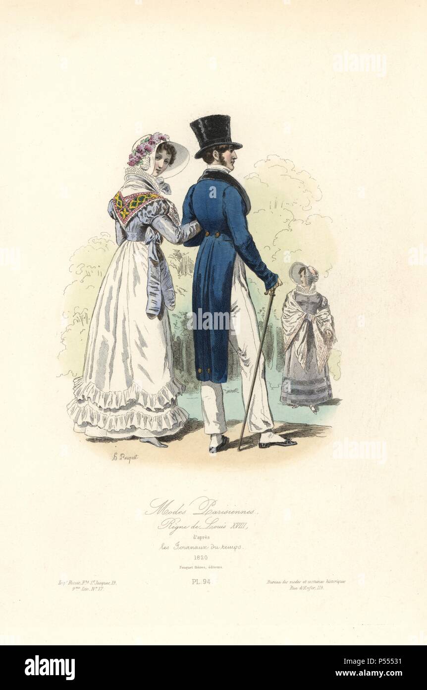 Paris modes, règne de Louis XVIII, 1820. Gravure coloriée par Hippolyte Pauquet après magazines du contemporain Pauquet Frères' 'Modes et Costumes historiques' (Historique Modes et costumes), Paris, 1865. Hippolyte (b. 1797) et Polydor Pauquet (b. 1799) a dirigé une maison d'édition réussie à Paris dans le 19e siècle, spécialisé dans les livres illustrés sur le costume, oiseaux, papillons, l'anatomie et l'histoire naturelle. Banque D'Images