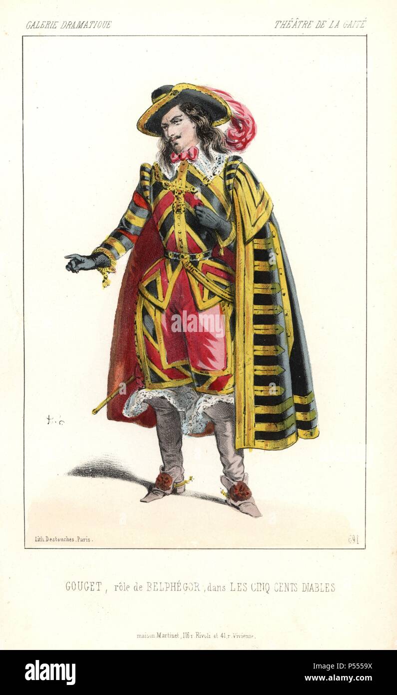 Désir Louis Eugene Gouget (d.1897) que le démon ira dans 'Les Cinq cents Diables" à la Gaité, un spectacle féerique par Dumanoir et Dennery. Lithographie coloriée par Alexandre Lacauchie de 'Galerie dramatique : les costumes des théâtres de Paris 1854. Banque D'Images