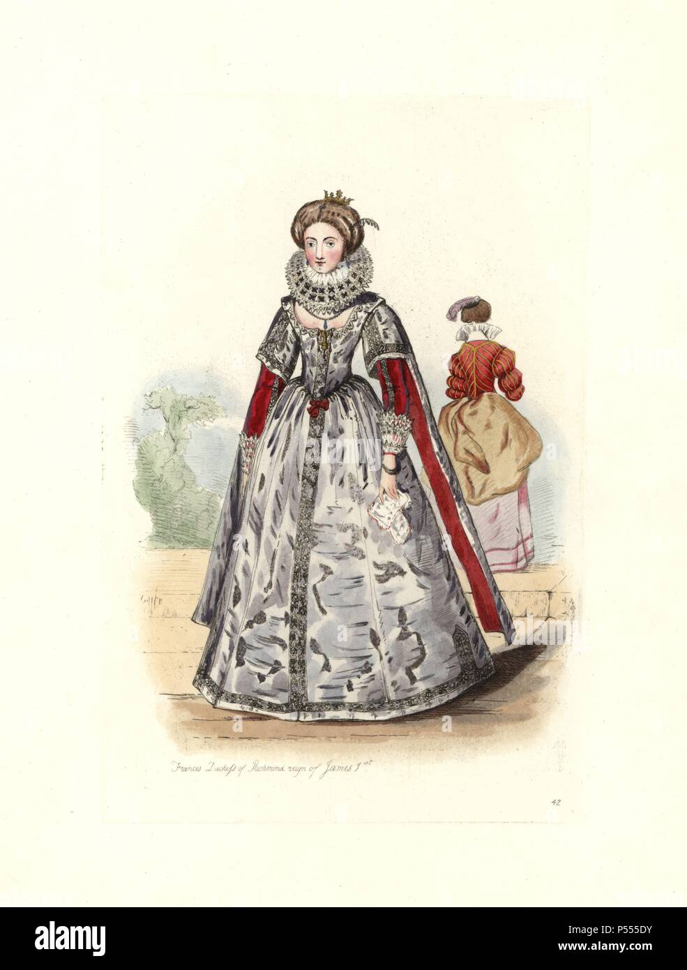 Frances Howard (1578-1639), Duchesse de Richmond, règne de Jacques I, d'une impression rare de l'époque. Elle porte un collier, une robe avec corsage serré et coupé à l'avant. Gravure coloriée de 'costume civil d'Angleterre depuis la conquête de l'actuelle période' dessiné par Charles Martin et gravées par Léopold Martin, Londres, Henry Bohn, 1842. Les costumes ont été tirées d'effigies monumentales, tapisseries, enluminures et de portraits. Charles Leopold et Martin étaient les fils de l'artiste romantique et graveur gravure à John Martin (1789-1854). Banque D'Images