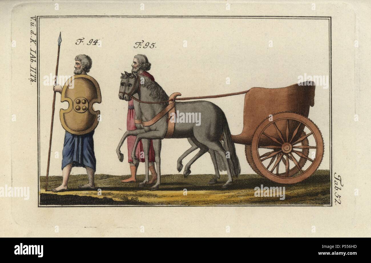 Le persan avec lance et le bouclier, et un char. Coloriée à la gravure sur cuivre de Robert von Spalart's 'tableau Historique des costumes des principaux peuples de l'Antiquité et du Moyen Age" (1797). Banque D'Images