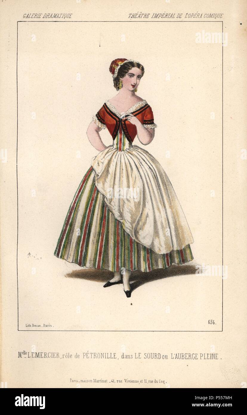 La chanteuse d'opéra soprano française Mlle. Leocadie Lemercier comme Pétronille dans 'Le Sourd ou l'auberge pleine' à l'Opéra Comique.. Lithographie coloriée par Alexandre Lacauchie de 'Galerie dramatique : les costumes des théâtres de Paris 1853. Banque D'Images