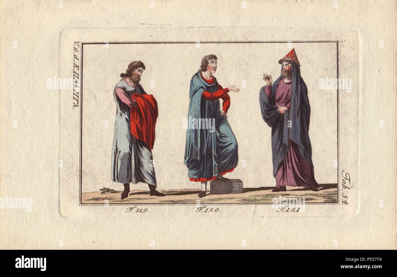 Norman trois hommes du 12e siècle ; un dans un surtout et muni d'un talar (une robe à la mode à la fin du 12ème siècle), l'un vêtu d'un talar sur sa surtout, et un à un bonnet conique.. . Coloriée à la gravure sur cuivre de Robert von Spalart's 'tableau Historique des costumes des principaux peuples de l'Antiquité et du Moyen Age" (1796). Banque D'Images