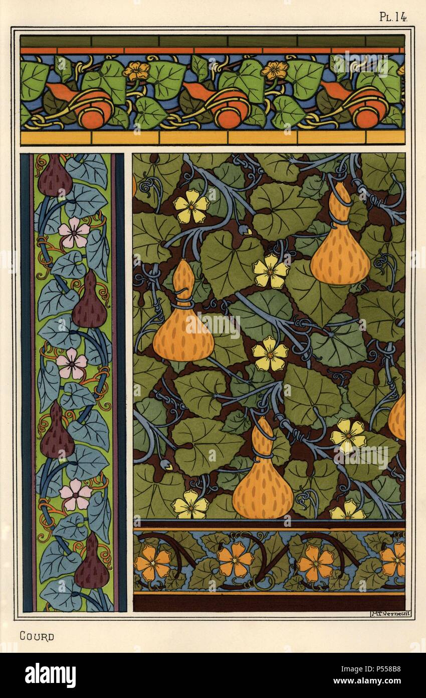 Gourd dans le papier peint, vitraux et modèles. tissu Lithographie de Verneuil avec pochoir (stencil) handcoloring de Eugène Grasset's "Plantes et leur application à l'Ornement," Paris, 1897. Grasset (1841-1917) était un artiste suisse dont les conceptions innovantes ont inspiré le mouvement "art nouveau" à la fin du 19ème siècle. Banque D'Images